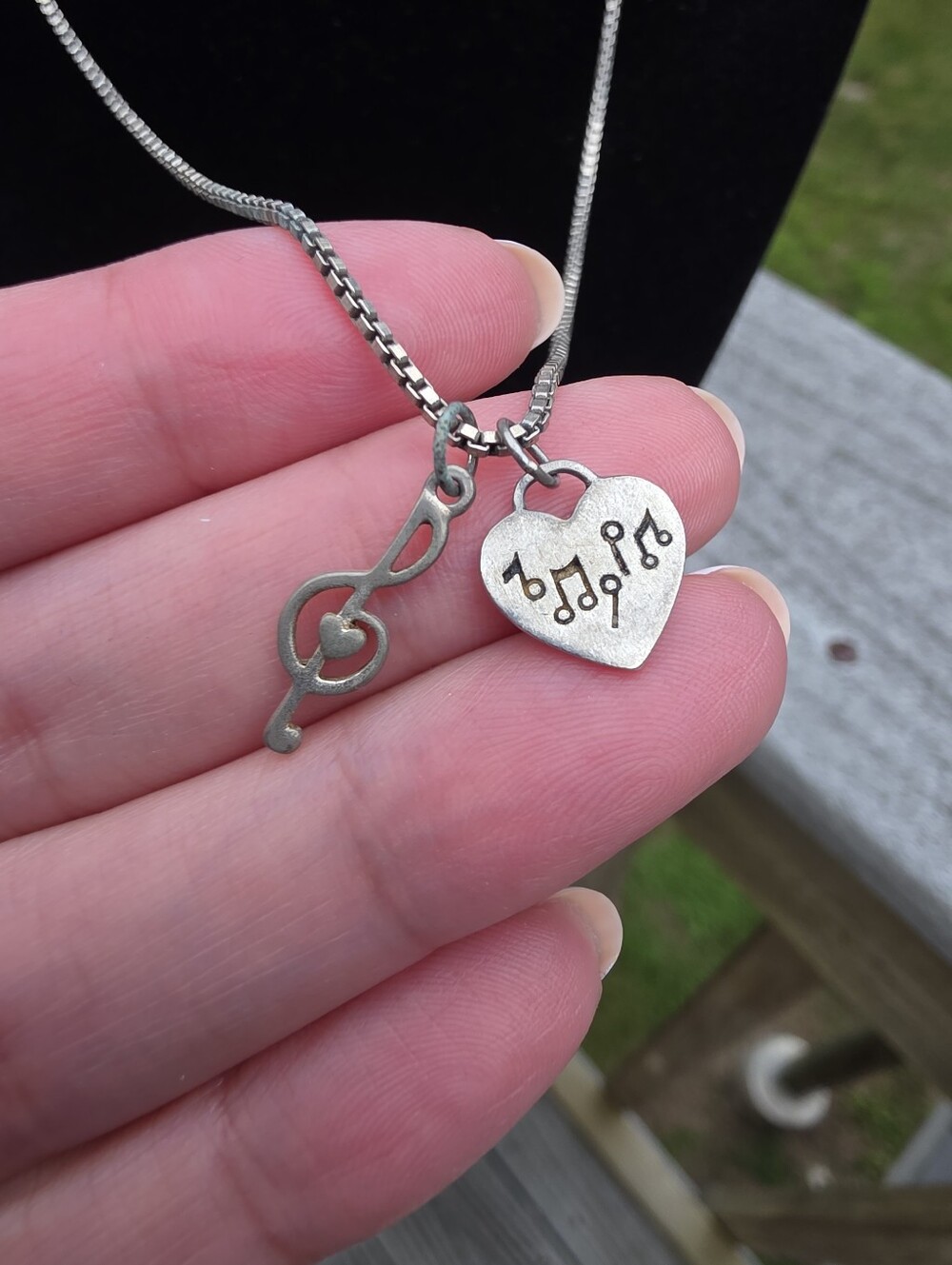 Vintage 925 Silver Musical Heart and Treble Clef Pendant Necklace - Silver